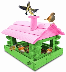 Karmnik Drewniany Zielony z Różowym z Otwieranym Dachem na Balkon Taras Okno Karmniki Ekologiczne Ozdobne Schronienie Domek Karmniczek na Pokarm dla Ptaków K182a ZZ RÓP