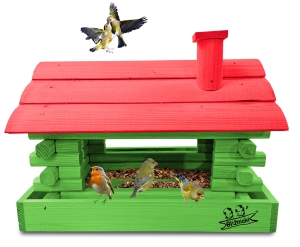 Prosty Karmnik Średni Drewniany Zielony z Czerwonym na Pokarm dla Sikorek K182a ZZ CB