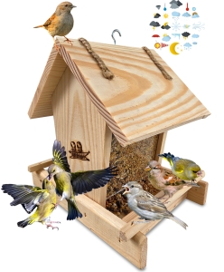 Karmnik drewniany dla ptaków z dozownikiem na karmę dla sikorek karmniki na parapet na okno ekologiczny K29 N