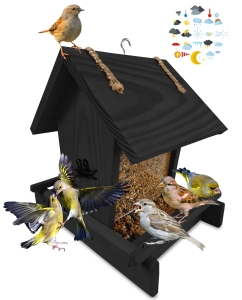 Karmnik z dozownikiem na karmę dla ptaków drewniany szklany karmniki na parapet kolor czarny K29 CZ