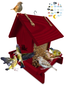 Karmnik drewniany z dozownikiem na słonecznik ziarno dozownik z szybką otwierany daszek impregnowany na bordowy kolor K29 MA