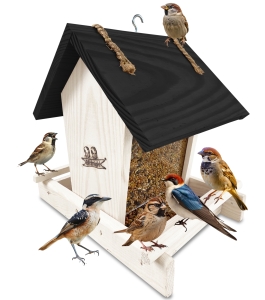 Mały karmnik z drewna dla ptaków zimowych idealny na balkon na taras kolor biały K29 BI CZ