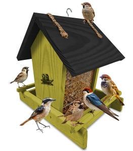 Karmnik drewniany szklany z dozownikiem na ziarno dla ptaków na zimę ekologiczna dekoracja do ogrodu K29 OLI CZ