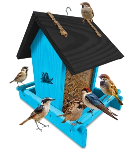 Karmnik drewniany niebieski dla ptaków do ogrodu dozownik z szybką sikorki dzwońce K29 NBP CZ