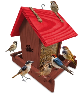 Karmnik drewniany kolor brązowy otwierany dach wróble dzwońce sikorki K29 O CB