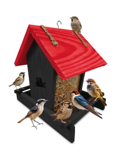 Karmnik dla ptaków z drewna do ogrodu na zimę dozownik z szybką na ziarno otwierany daszek K29 CZ CB