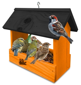 Karmnik drewniany budka dla ptaków na ziarno mały idealny na parapet na balkon kolor pomarańczowy K204 B CZ