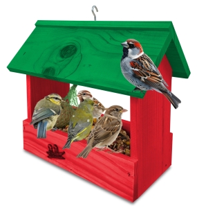 Karmnik z drewna litego w kolorze czerwonym dla ptaków na zimę dekoracja na taras wróble dzwońce dzięcioły K204 CB K