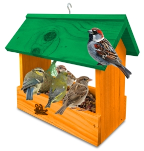 Karmnik drewniany budka dla ptaków na ziarno mały idealny na parapet na balkon kolor pomarańczowy K204 B K