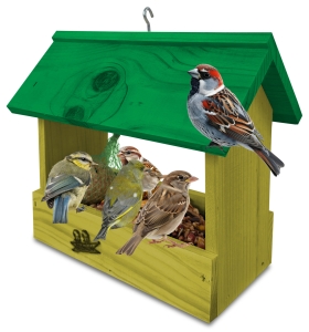 Prosty karmnik drewniany ekologiczna dekoracja do ogrodu domek dla ptaszków zimowych na ziarno wróble dzwońce K204 OLI K