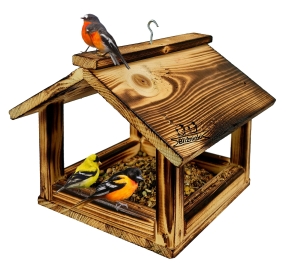 Mały Karmnik dla Ptaków Miejsce Stołowania Wróbli Sikorek Kowalików Karmnik Budka Z drewna Opalanego Ogniem(K135 OPAL)
