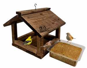 Zawieszany Karmnik Drewniany Dla Ptaków w Zestawie Z Karmą  Orzechowy Blok Smakołyk dla Wszystkich Gatunków Ptaków (K135 O + PBLOK1)